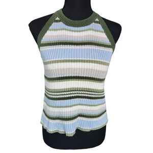 Vintage 90s American Eagle High Neck Striped Green and Blue SweaterTank sz M